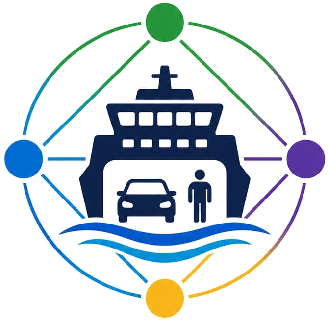 FerryMesh network mark: a ferry inside a mesh of connected systems